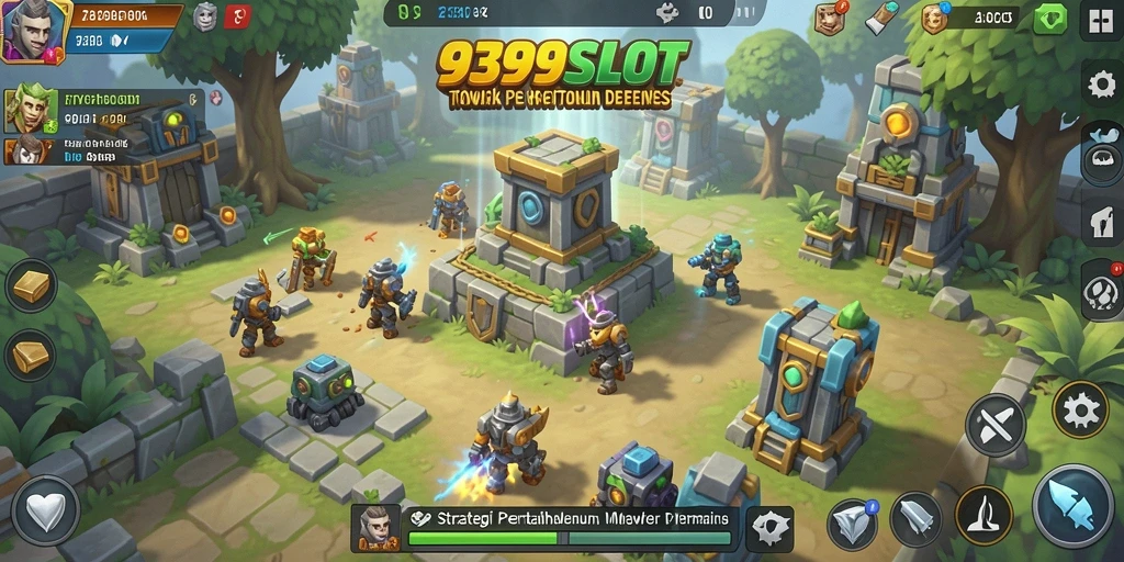 Tangkapan layar gameplay 9399SLOT yang menampilkan berbagai tower dan musuh.